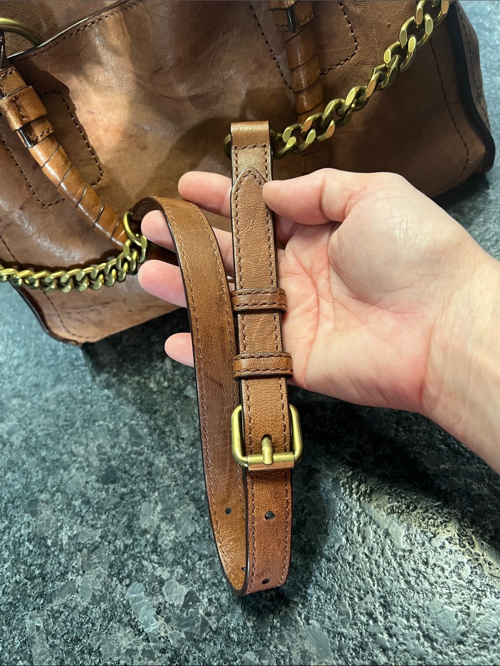 Frye Cognac Brown Leather Satchel with Chain-Leather Strap - Picture 13 of 16
